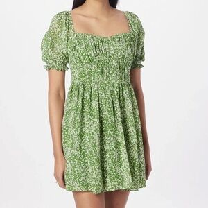 Abercrombie & Fitch Green Floral Ruched Puff Sleeve Dress